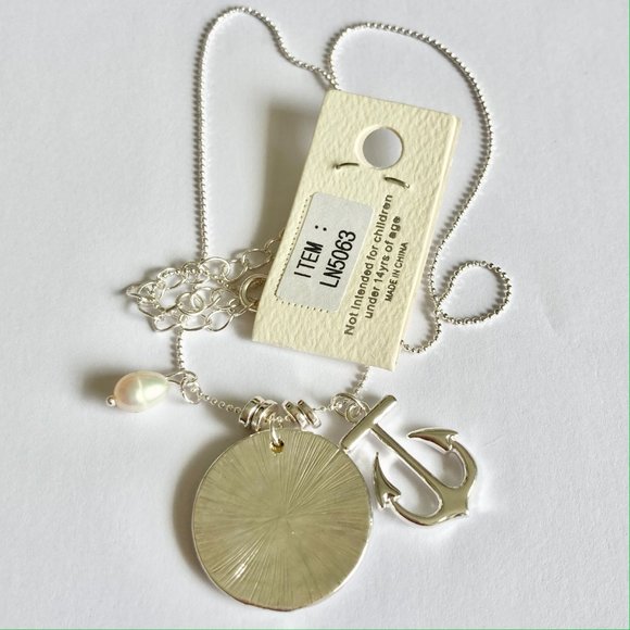 Nautical Compass Anchor Pearl Pendant Necklace Silver Plated 19" Freshwater - Picture 5 of 12